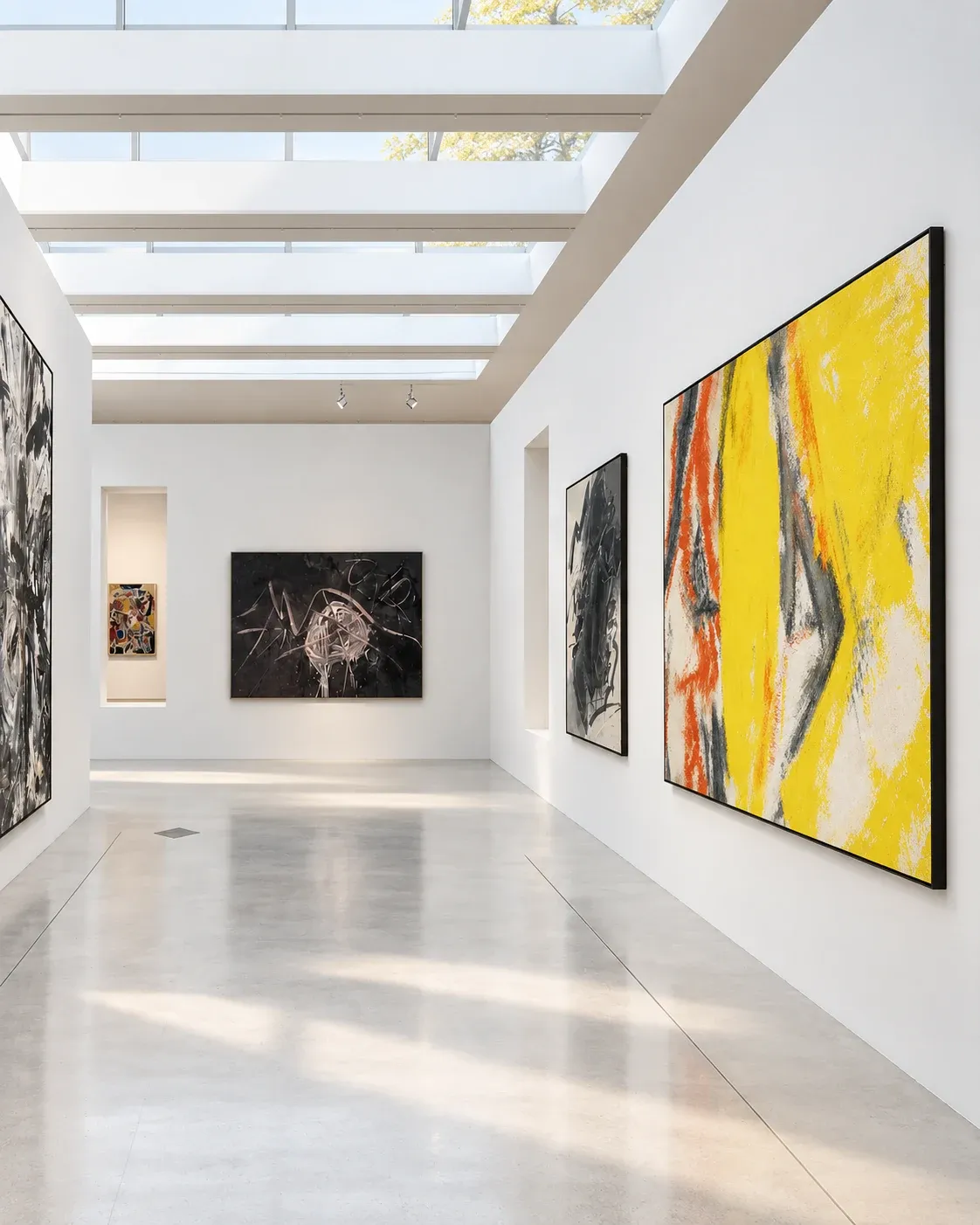 Une galerie lumineuse exposant de grandes peintures abstraites